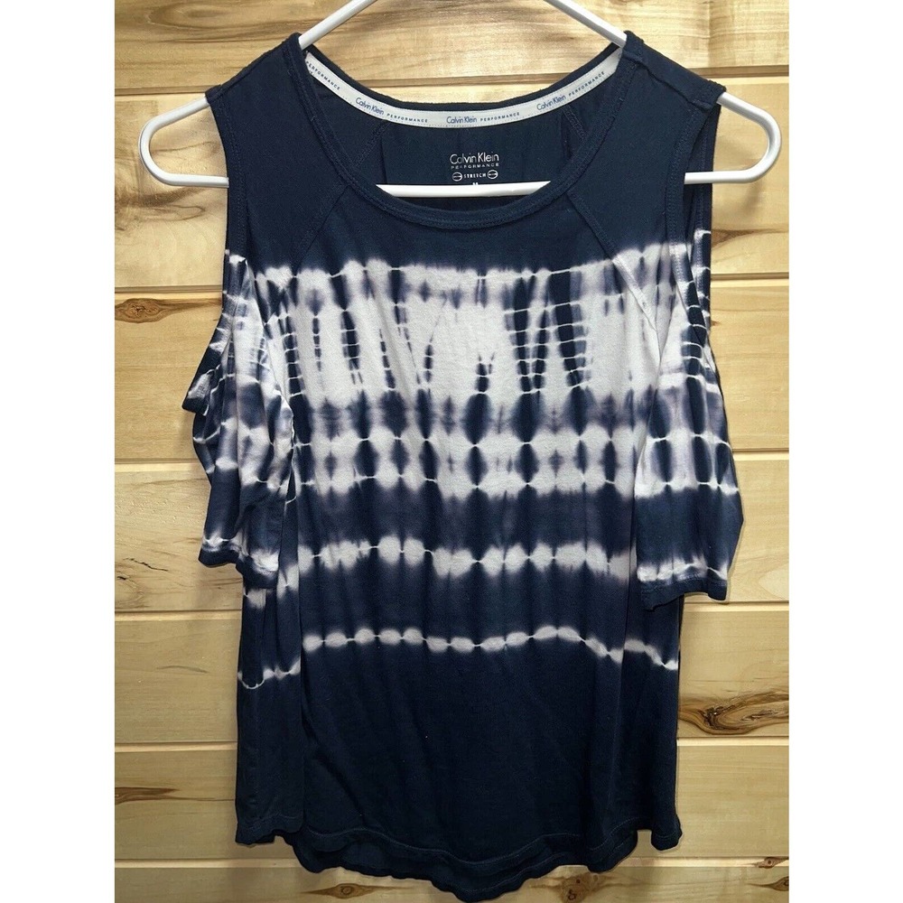 Calvin Klein Performance Womens Navy Blue Tie-Dye Cold Shoulder Top Size Medium